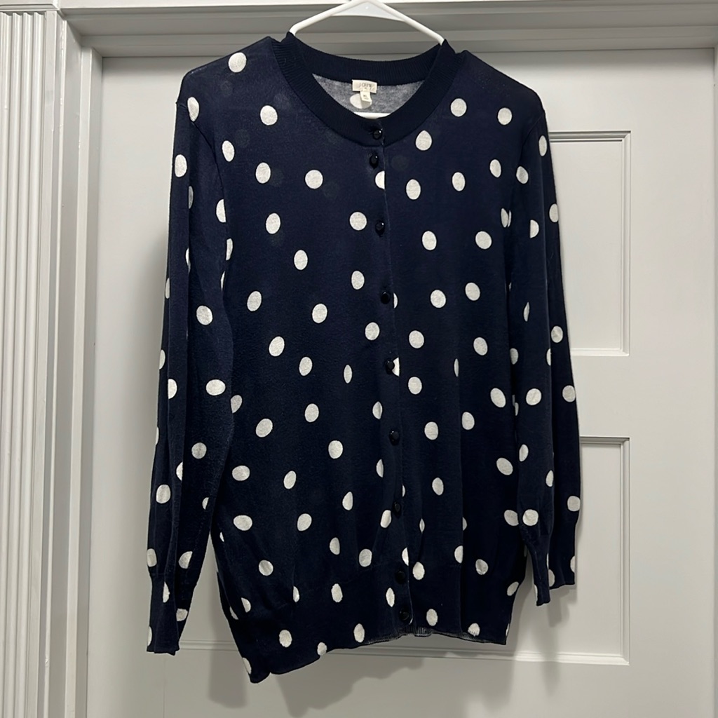 J.Crew Navy And White Polka Dot Cardigan, Euc, Xl